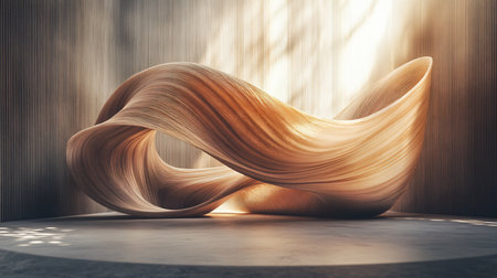 Wooden sculpture of a wave is displayed in a room with a white wall. The sculpture is made of wood and has a unique, abstract shape. The room is dimly lit, which adds to the mood of the sculptureの素材