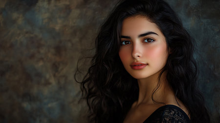 Woman with long dark hair and a red nose. She is wearing a black dress and has a red lipstickの素材