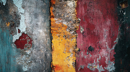 Wall with a lot of cracks and peeling paint. The wall is made up of three different colors, with the middle one being yellowの素材