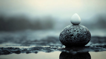 Rock is sitting on the ground next to a body of water. The rock is small and white, and it is the only object in the scene. The water is calm and still, and the sky is cloudyの素材