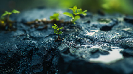 Small plant is growing on a rock. The rock is wet and the plant is green. Concept of growth and resilience, as the plant is able to thrive in a harsh environmentの素材