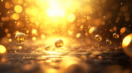 Gold and yellow background with many small gold and yellow spheres. The spheres are scattered throughout the background and are of varying sizes. Scene is one of warmth and brightness, with the goldの素材