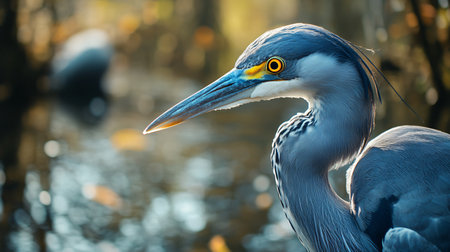 Large blue bird with a yellow beak stands in a body of water. The bird is looking directly at the cameraの素材