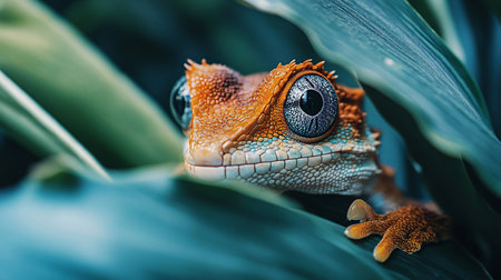 Small brown and white lizard is peeking out from behind a leaf. The lizard has a curious expression on its face, and its eyes are open wide. Concept of curiosity and wonderの素材