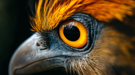 Close up of a bird's eye with a yellow iris. The eye is surrounded by feathers and the bird's head is also visibleの素材