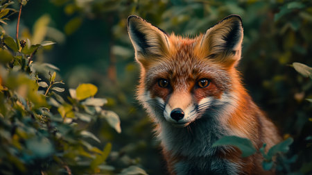 Fox is standing in a forest with green leaves. The fox is looking at the cameraの素材
