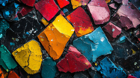 Colorful mosaic made of broken pieces of colored glass. The colors are bright and vibrant, creating a sense of energy and excitement. The mosaic is made up of various shapes and sizesの素材