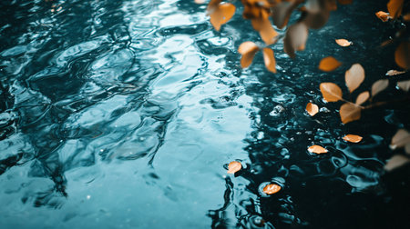 Body of water with leaves floating on top. The water is blue and the leaves are orangeの素材