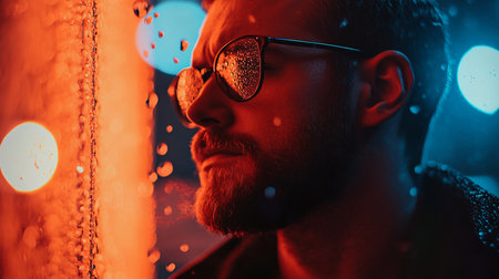 Man with glasses is looking out a window with raindrops on it. The image has a moody and introspective feel to it, as the man is lost in thoughtの素材