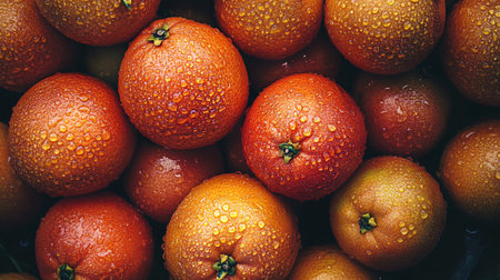 Bunch of oranges with water droplets on them. The oranges are red and shiny. Concept of freshness and abundanceの素材