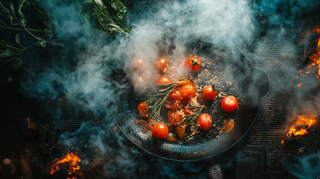 Pan of food is cooking on a stove, with smoke billowing out of it. The food consists of tomatoes and herbs, and the smoke gives the scene a smoky, charred, and intense atmosphereの素材