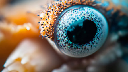 Close up of a spider eye with a blue iris. The eye is surrounded by a brown and orange rimの素材