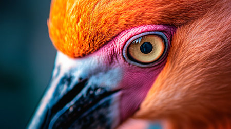 Close up of a flamingo's eye with a pinkish hue. The eye is surrounded by a pinkish hue, which gives the impression of a warm and inviting atmosphereの素材