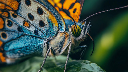 Butterfly with blue and orange wings is sitting on a leaf. The butterfly has a very distinct pattern of spots and stripesの素材