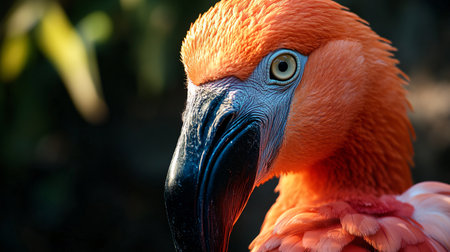 Flamingo with a bright orange beak and pink feathers. The bird is looking directly at the cameraの素材