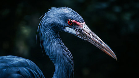 Large bird with red eyes and a black beak. The bird is standing in the darkの素材