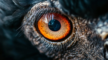 Close up of a bird's eye with a red iris. The eye is surrounded by a black and brown frameの素材