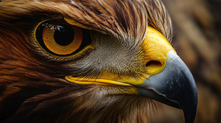 Close up of a bird's face with a yellow beak and yellow eyes. The bird's eyes are large and intense, giving the impression of a predatorの素材