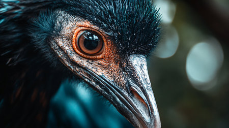 Close up of a bird's face with a blue background. The bird has a black beak and a red eyeの素材