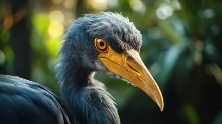 Bird with a black beak and yellow eyes. The bird is looking at the camera. The bird is in a natural settingの素材