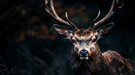 Deer with brown antlers is standing in the dark. The image has a moody and mysterious feel to itの素材