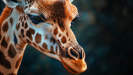 Giraffe with a brown and white face looking at the camera. The giraffe has a long neck and a long tongueの素材