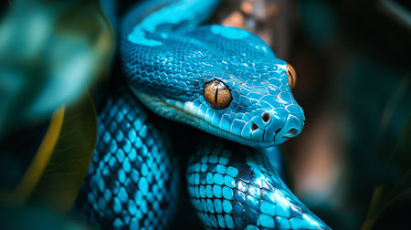Blue snake with yellow eyes is shown in a green leafy environment. The snake is the main focus of the image, and its bright blue color stands out against the green backgroundの素材
