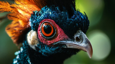 Bird with a red eye and orange feathers. The bird is looking at the camera. The image has a warm and inviting moodの素材