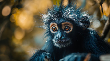 Baby monkey with a black and white face and a black and white mane. The monkey is looking at the cameraの素材