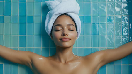 Woman is laying in a bathtub with a towel on her head. She is relaxed and enjoying the warm waterの素材
