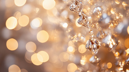 Gold and silver crystal chandelier with a lot of light shining on it. The light is creating a beautiful, sparkling effectの素材