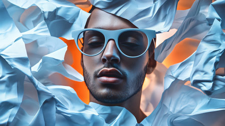 Man wearing glasses is in a white paper with orange background. The man is wearing a white shirt and is looking at the camera. The image has a surreal and dreamlike quality to itの素材