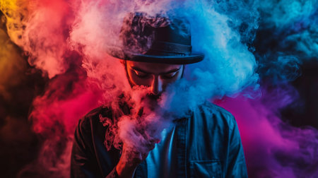 Man is smoking a cigarette while wearing a hat. The smoke is colorful and the man is looking at the camera. Scene is somewhat mysterious and intriguing, as the man's actionsの素材