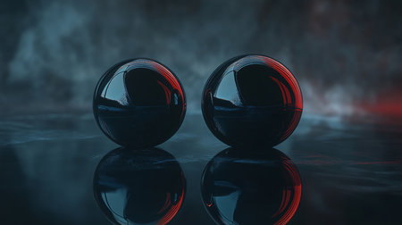 Two black spheres are reflected in a body of water. The spheres are surrounded by a dark backgroundの素材