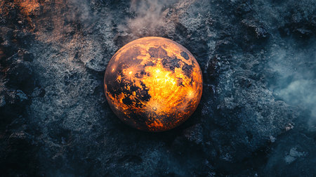 Large orange ball is on a rocky surface. The ball is surrounded by smoke and fire, giving the impression of a fiery planetの素材