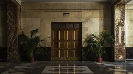 Large wooden door with a sign on it that says Exit. The door is surrounded by a plant and a potted plant. The room is empty and has a very old and worn appearanceの素材