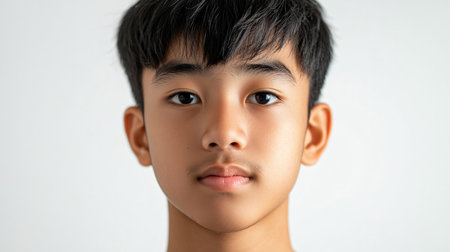 Young man with a shaved head and a beard. He has a serious look on his faceの素材