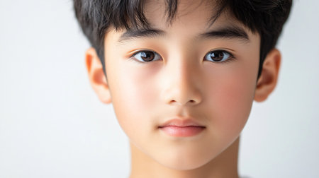 Young boy with a white background. He has a white shirt on and his face is very cleanの素材