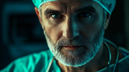 Man with a white lab coat and a surgical mask on his face. He has a serious expression on his faceの素材