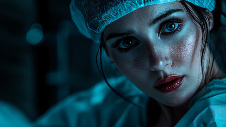 Woman with a white lab coat and a blue hat is staring at the camera. The image has a dark and moody atmosphere, with the woman's face being the main focusの素材