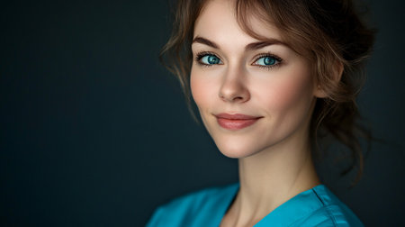 Woman with blue hair and blue eyes is smiling. She is wearing a blue shirt and a blue skirtの素材