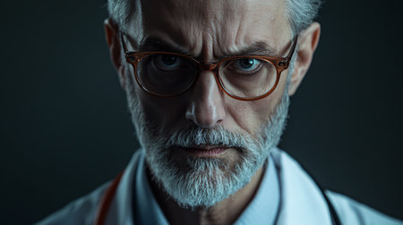 Man with glasses and a white lab coat is staring at the camera with a scowl on his faceの素材