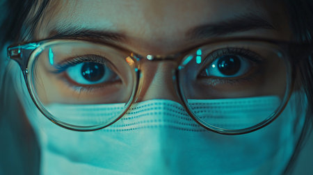 Woman wearing a mask and glasses with her eyes closed. Concept of mystery and uncertaintyの素材