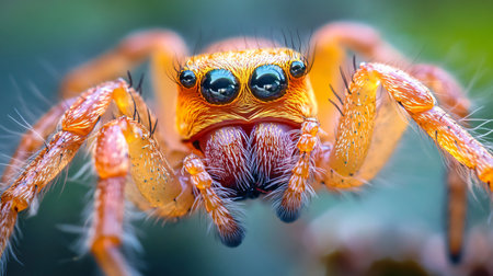 Spider with black eyes and orange legs. The spider is looking at the cameraの素材