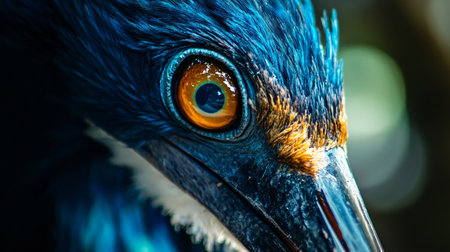 Bird's eye is shown in a close up. The eye is blue and orange. The bird's beak is also shownの素材