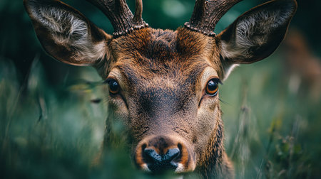 Deer with brown eyes and antlers is looking at the camera. The image has a natural and peaceful feel to it, as the deer is in its natural habitatの素材