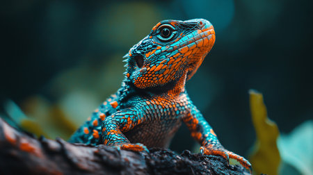 Colorful lizard is sitting on a branch. The lizard is orange and blue, and it has a curious look on its faceの素材