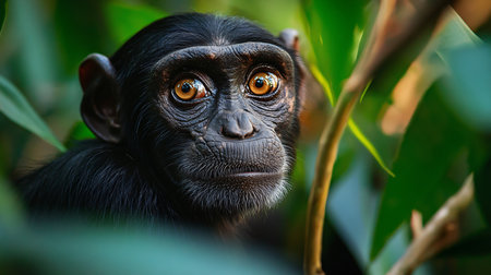 Baby monkey is looking at the camera. The image has a playful and curious mood. The monkey is surrounded by green leaves, which adds to the natural and wild feel of the sceneの素材
