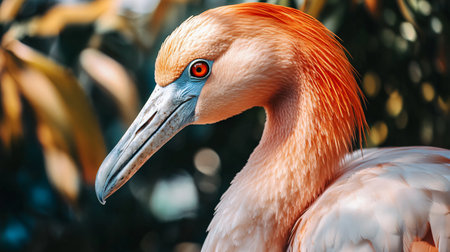 Bird with a red head and blue eyes. The bird is standing in a forest. The bird is looking at the cameraの素材