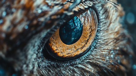 The eye of an owl is shown in a close up. The eye is surrounded by a blurry blue and orange haloの素材